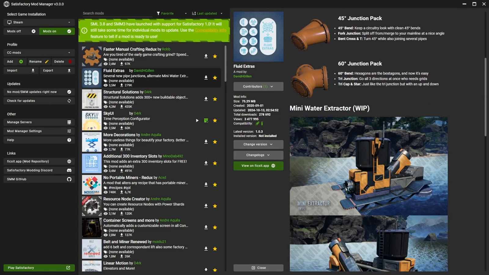 The Fluid Extras mod's page, showing alternate pipe junctions, water extractors and fluid packagers with different visual styles