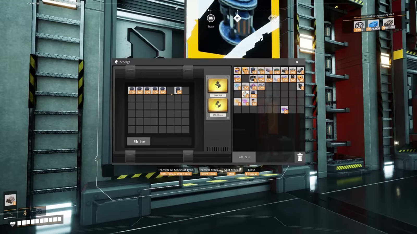 The finished central storage facility in a live save, showing lit displays, organized Industrial Storage Containers and a staircase down to the Dimensional Depot floor