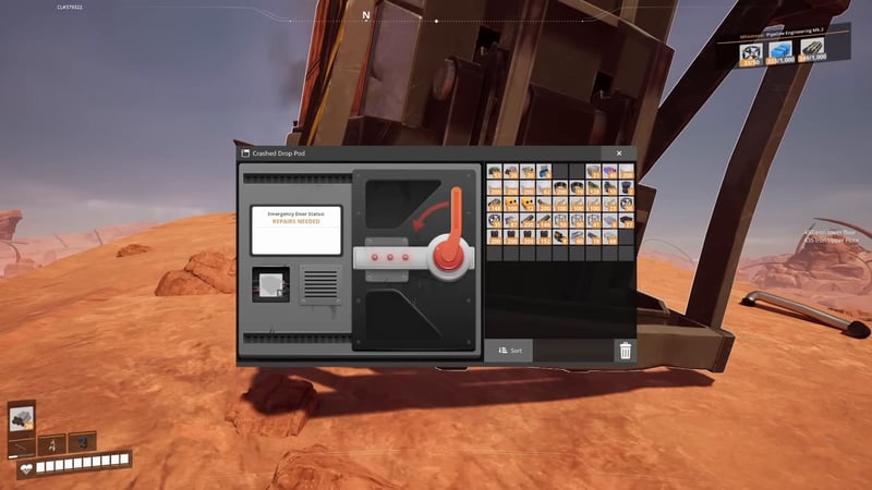 Crashed Drop Pod loot screen showing an inventory grid of scavenged parts