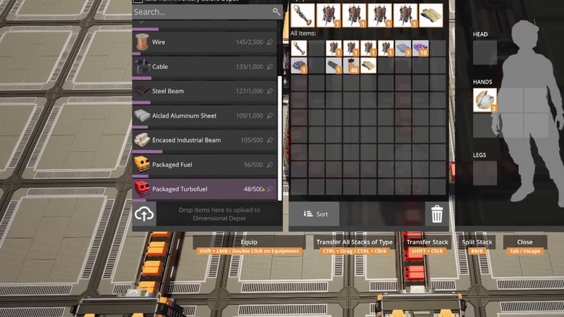Depot storage panel with a searchable item list and a drag-to-upload inventory slot