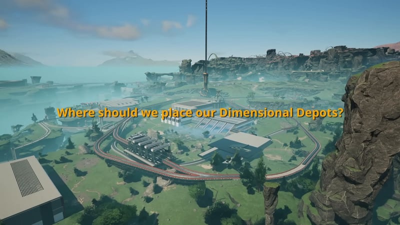 Title card reading "Where should we place our Dimensional Depots?" over an aerial base view
