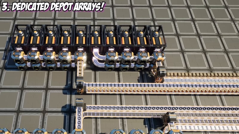 Overhead view of ten Dimensional Depot Uploaders arranged as a dedicated array, captioned Dedicated Depot Arrays