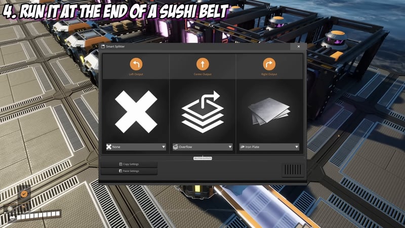 Smart Splitter configuration screen routing Iron Plate overflow into a Dimensional Depot, captioned Run It At The End Of A Sushi Belt