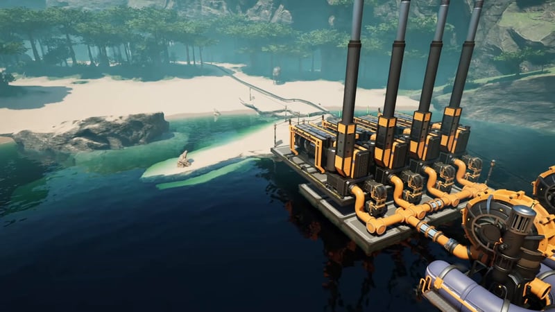 Satisfactory 4 coal generator power plant built over water with pipes and four smokestacks producing 300 megawatts