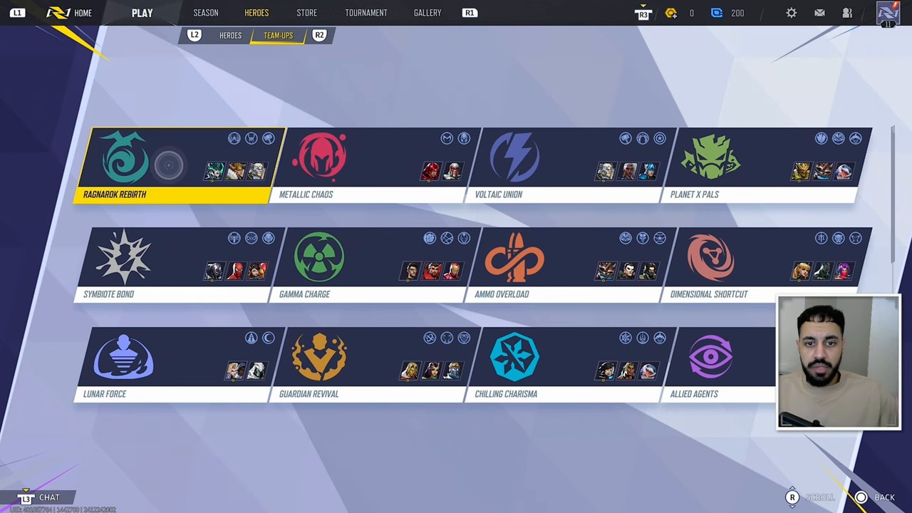 In-game Team-Ups menu from December 2024 showing the old roster of pairings, including Ammo Overload, Ragnarök Rebirth and Metallic Chaos