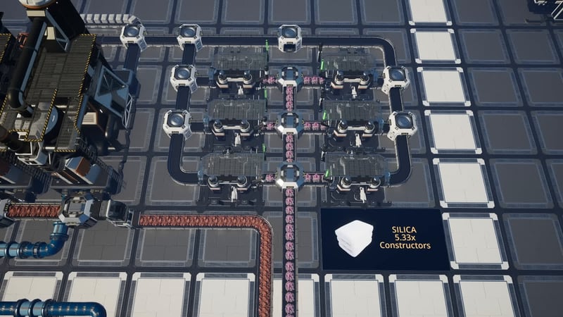 Satisfactory overhead factory view showing six constructors arranged in a manifold producing silica at 5.33x constructors overlay