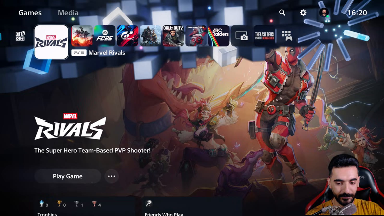 PS5 home screen with Marvel Rivals highlighted in the games row