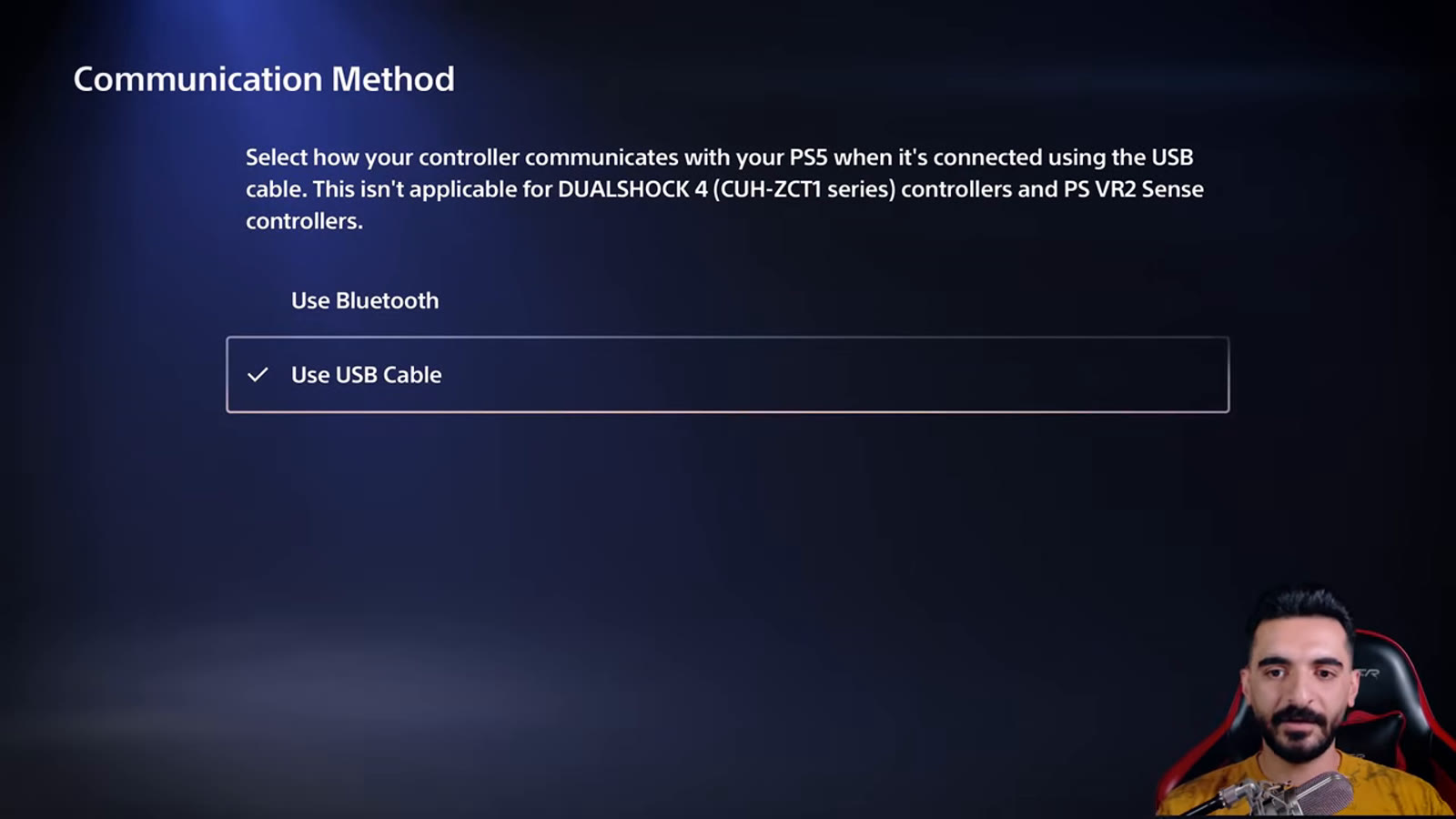 PS5 Controller settings screen showing the Communication Method choice between Bluetooth and USB Cable