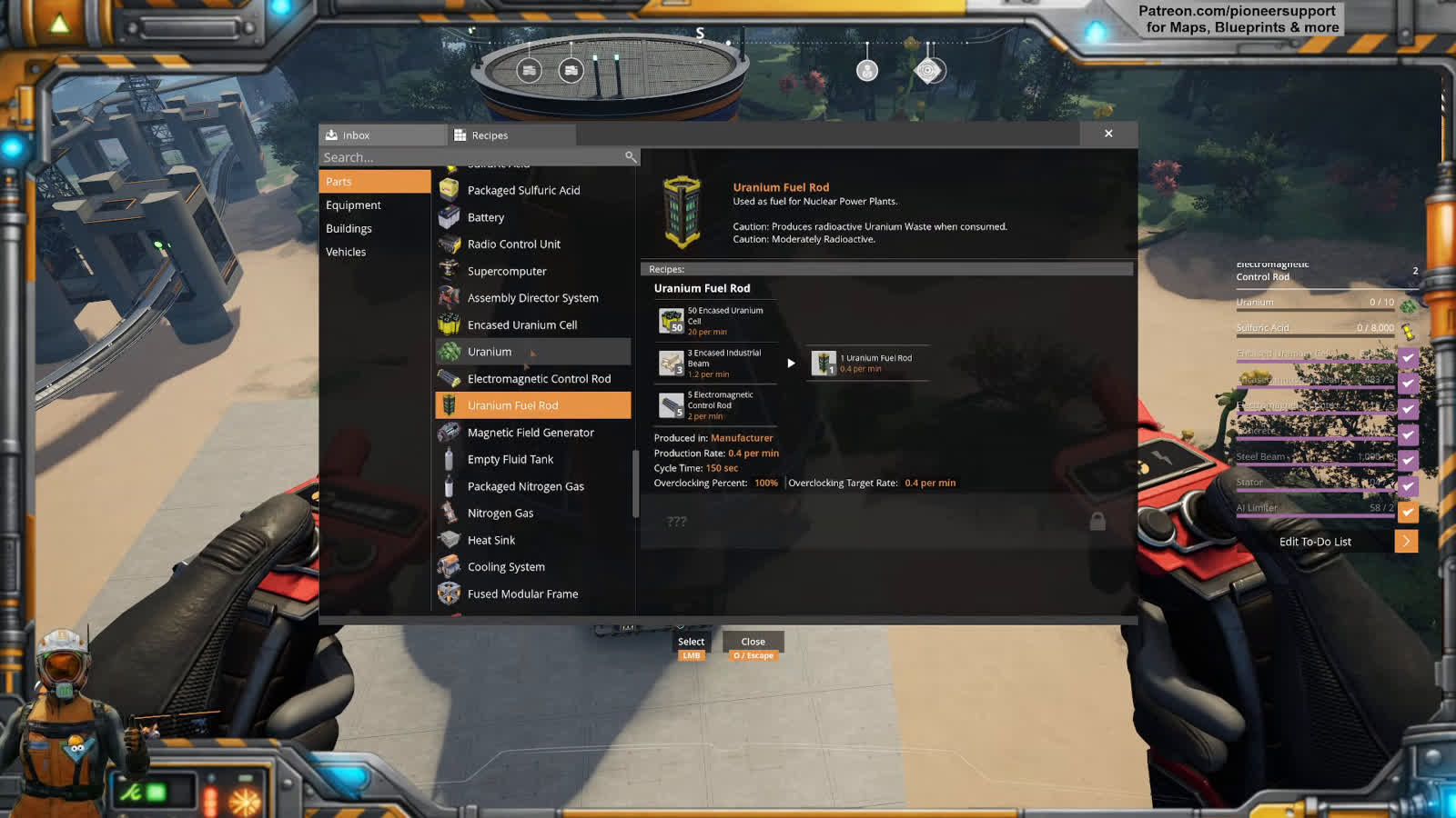 Satisfactory Codex recipe screen showing the Uranium Fuel Rod requiring 50 Encased Uranium Cell 3 Encased Industrial Beam and 5 Electromagnetic Control Rod with a to-do list sidebar