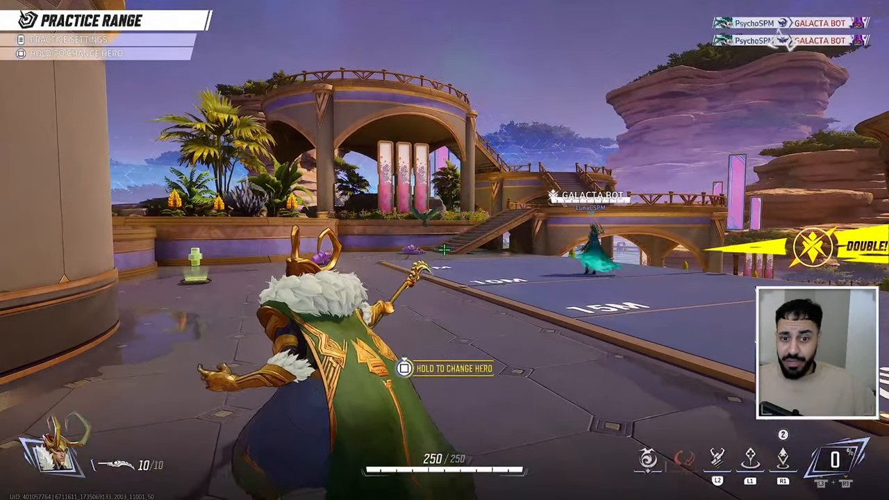 Loki in the Practice Range with a Double kill notification on screen after a transformation combo