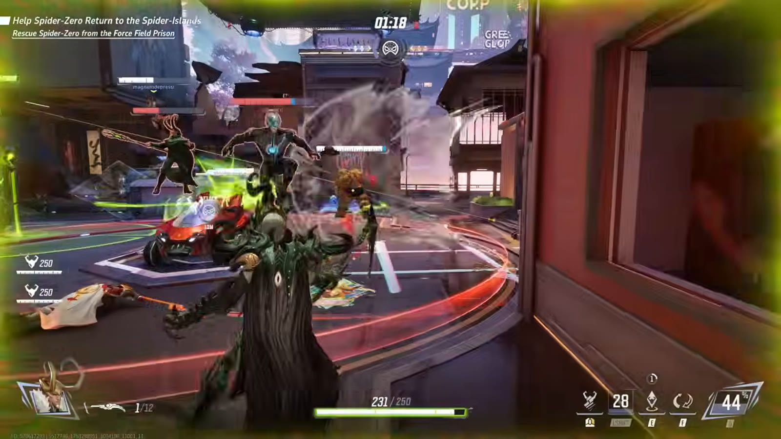 Loki mid-fight on a Tokyo-style map with two clones deployed at 250 HP each, splash-healing and damaging a cluster of enemies