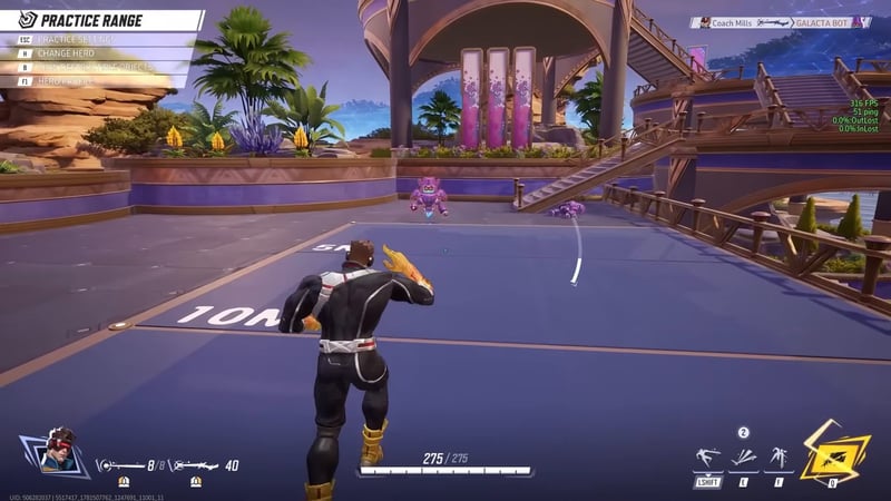 Cyclops using Ricochet Force in the Marvel Rivals practice range against target bots