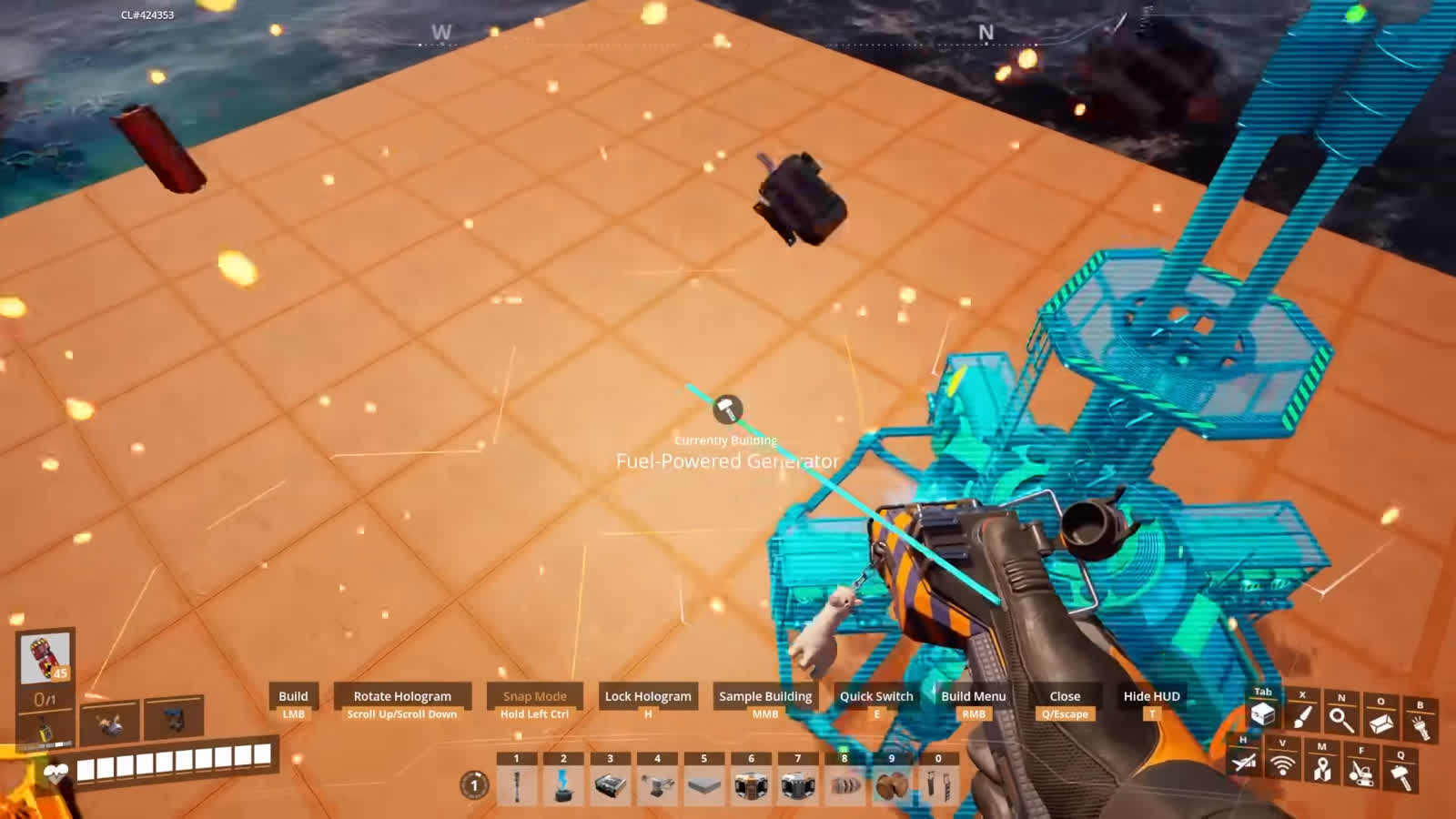 Satisfactory build menu hologram showing a Fuel-Powered Generator currently being placed with the build tool HUD visible