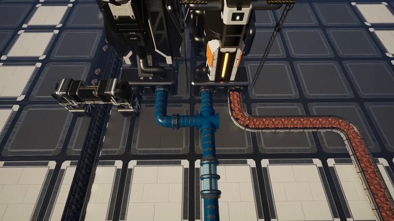 Satisfactory first-person view of a blue water pipe junction connected to two refineries with a bauxite conveyor belt running alongside