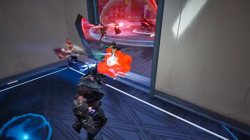 Team fight breaking out near a checkpoint entrance with multiple heroes engaging