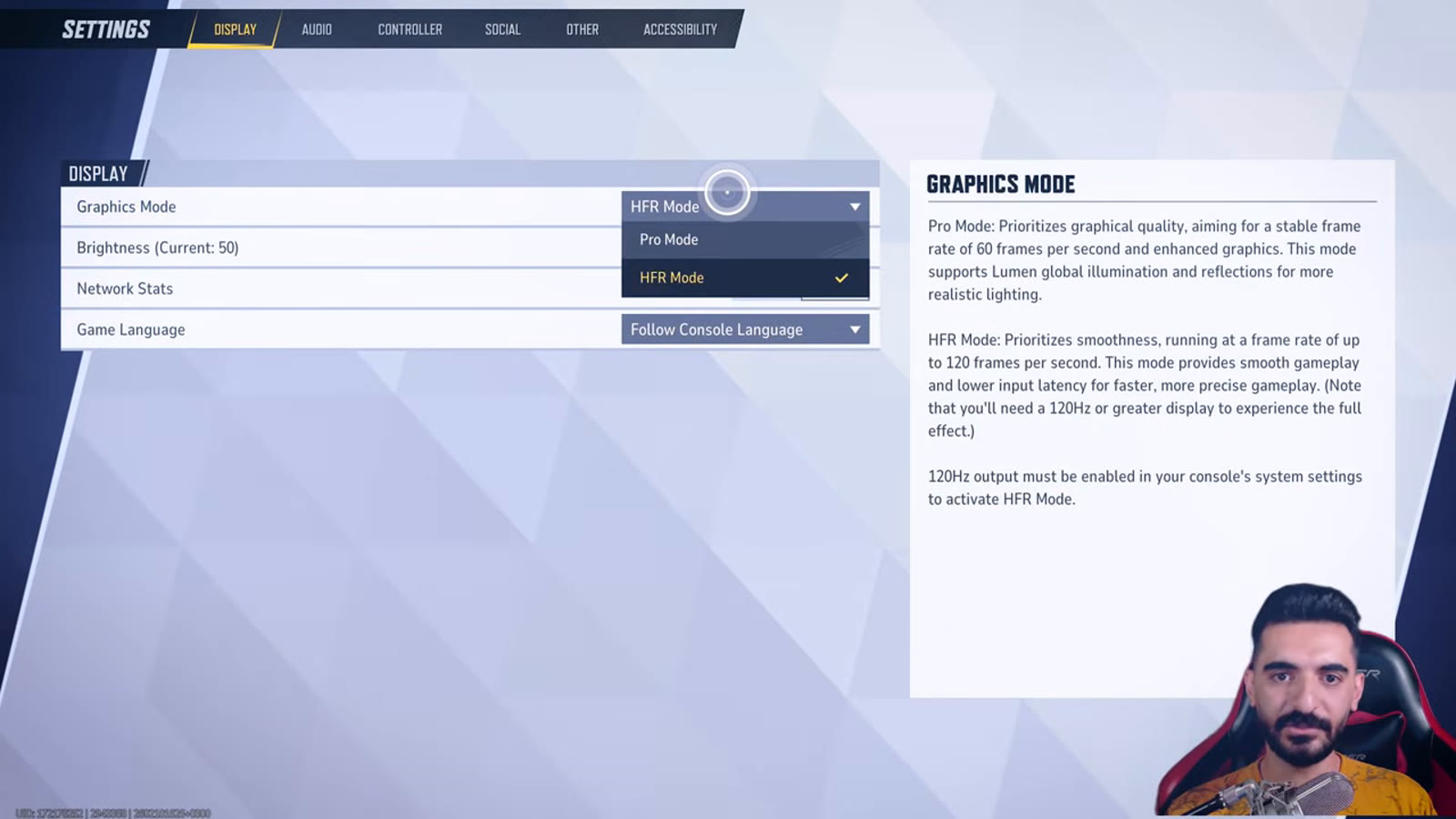 PS5 in-game Display settings showing Graphics Mode set to HFR Mode with the Pro Mode versus HFR Mode tooltip visible