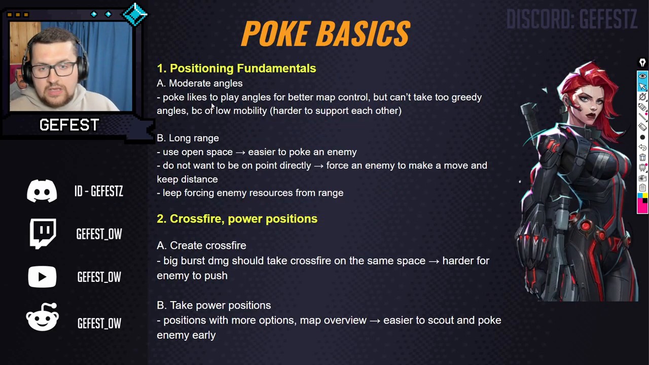 Slide titled Poke Basics, listing positioning fundamentals, moderate angles, long range, crossfire and power positions