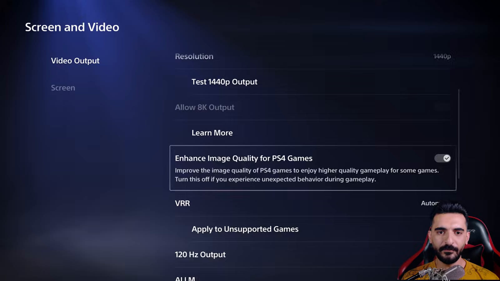 PS5 system-level Screen and Video settings showing the VRR toggle and Apply to Unsupported Games option