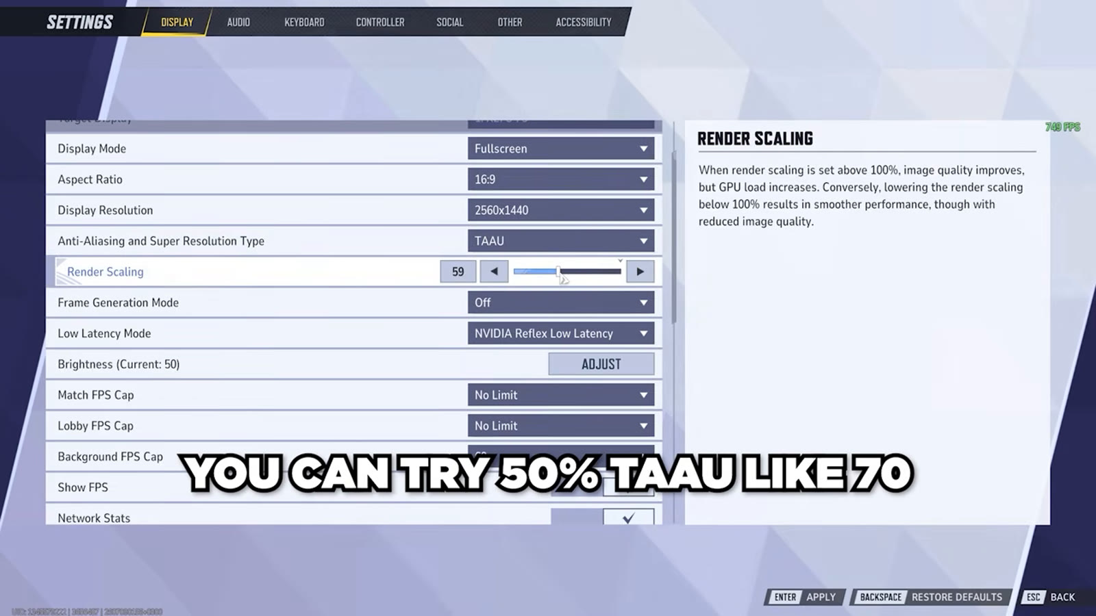Marvel Rivals in-game Display settings showing Render Scaling and TAAU upscaling options