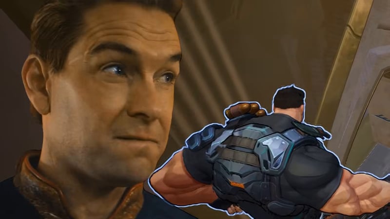 Two character portraits composited together in a reaction-style edit, one looking over their shoulder