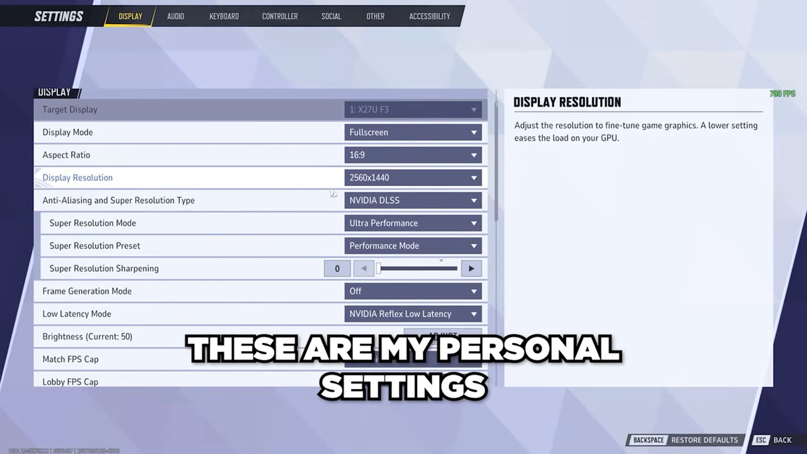 Marvel Rivals in-game Display settings showing NVIDIA DLSS set to Ultra Performance mode