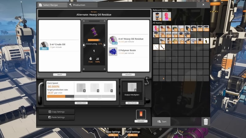Satisfactory in-game recipe selection screen showing the Alternate Heavy Oil Residue recipe converting 3 cubic meters Crude Oil into 4 cubic meters Heavy Oil Residue and 2 Polymer Resin at 66.666 percent clock speed