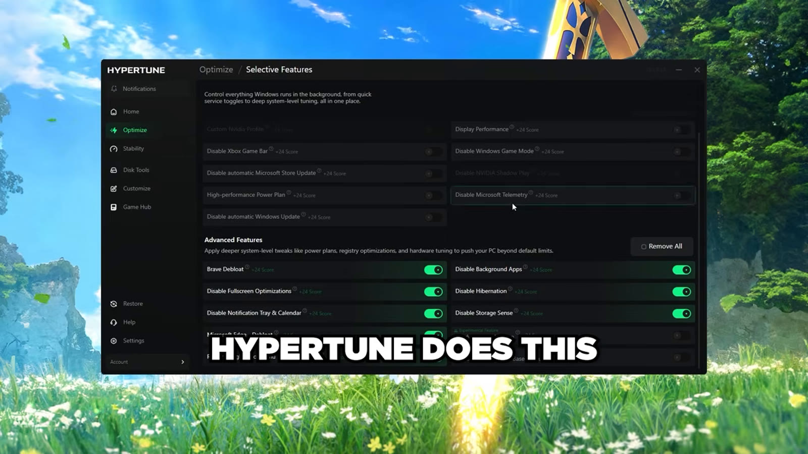 Hypertune application interface showing a list of Windows performance optimization toggles
