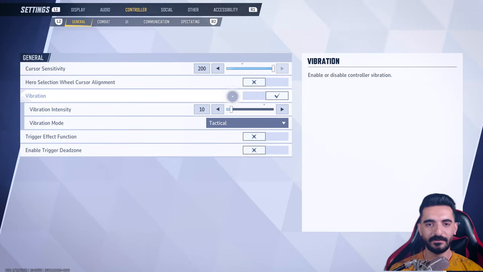 PS5 in-game Controller General settings showing Vibration enabled with Vibration Intensity at 10 and Vibration Mode set to Tactical