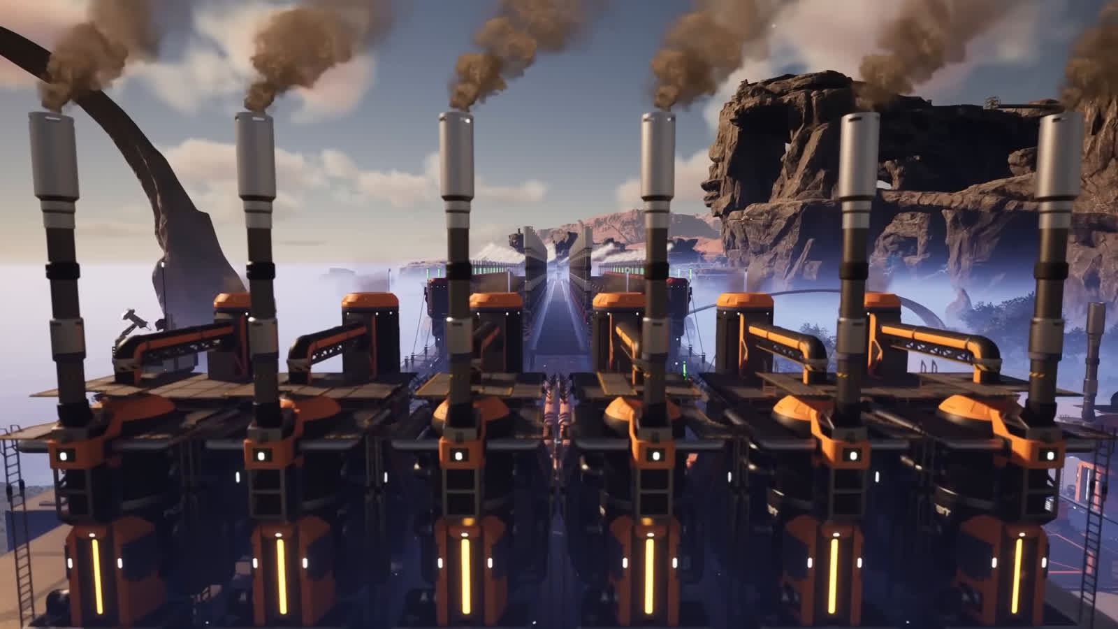 Satisfactory factory exterior wide shot showing a row of tall fuel generator smokestacks releasing dark smoke above an oil refinery complex