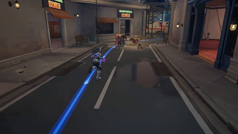 A character sprinting down a city street with a rotation line effect, teammates ahead near a diner