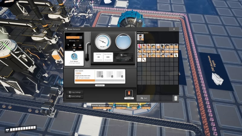 Satisfactory Water Extractor interface at 100 percent clock speed showing 120 cubic meters per minute target rate with 240 Aluminum Ingots visible on a nearby sign in the background