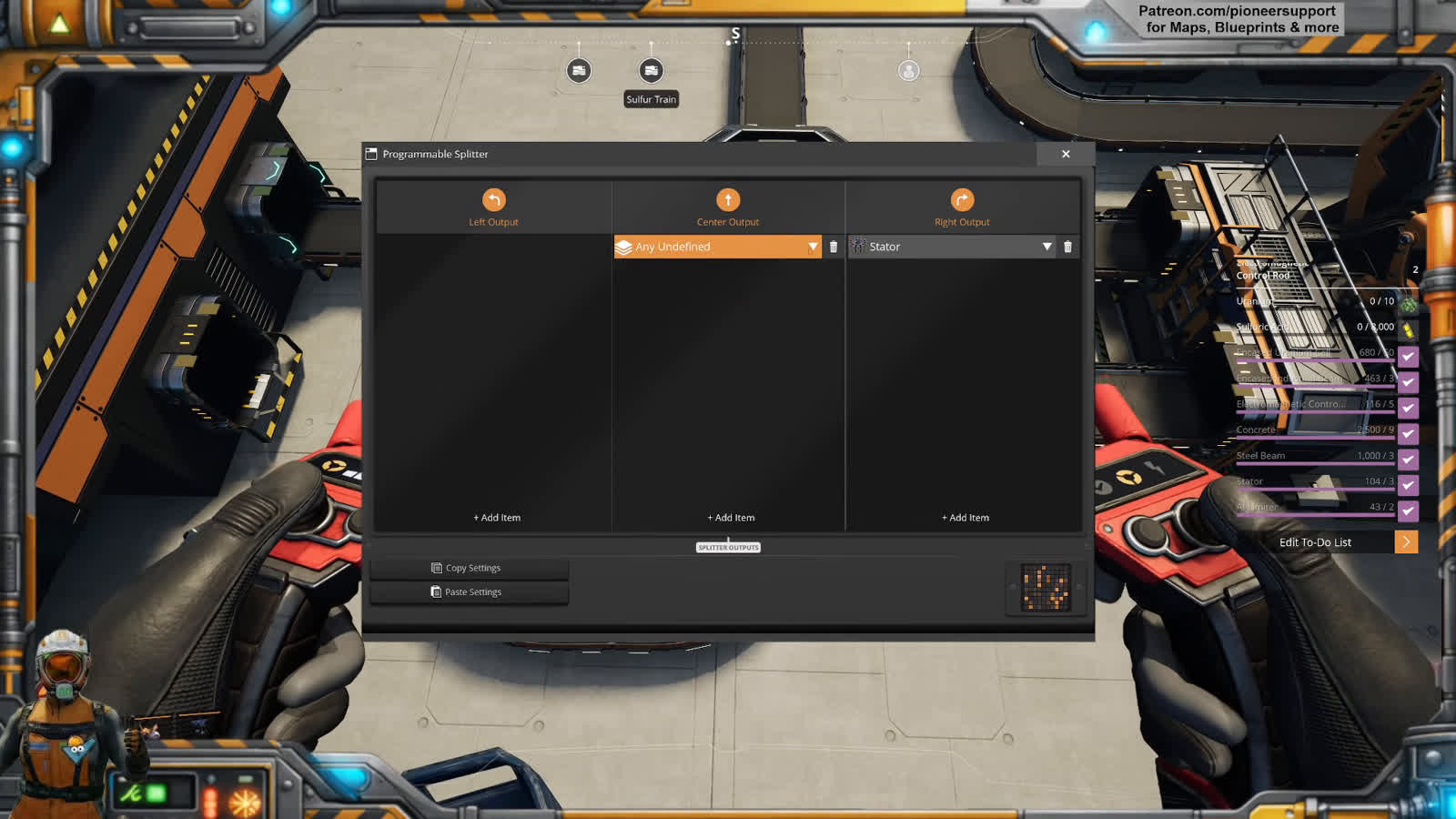 Satisfactory Programmable Splitter interface configured to route Any Undefined items to the center output and Stator items to the right output near a labeled Sulfur Train stop