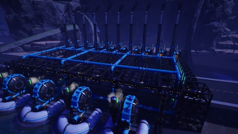 Satisfactory massive coal power plant with over eight generators and blue pipelines forming a 3600 megawatt facility
