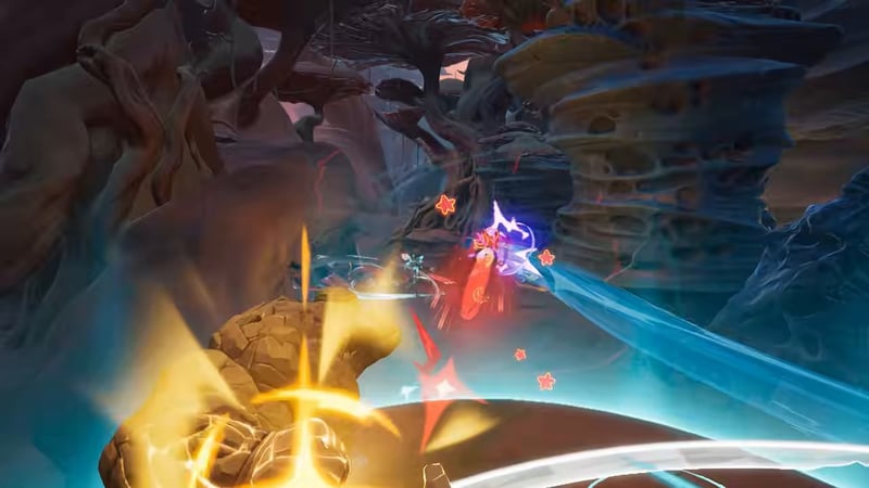 Fantasy-themed rocky environment with combat effects during a team fight