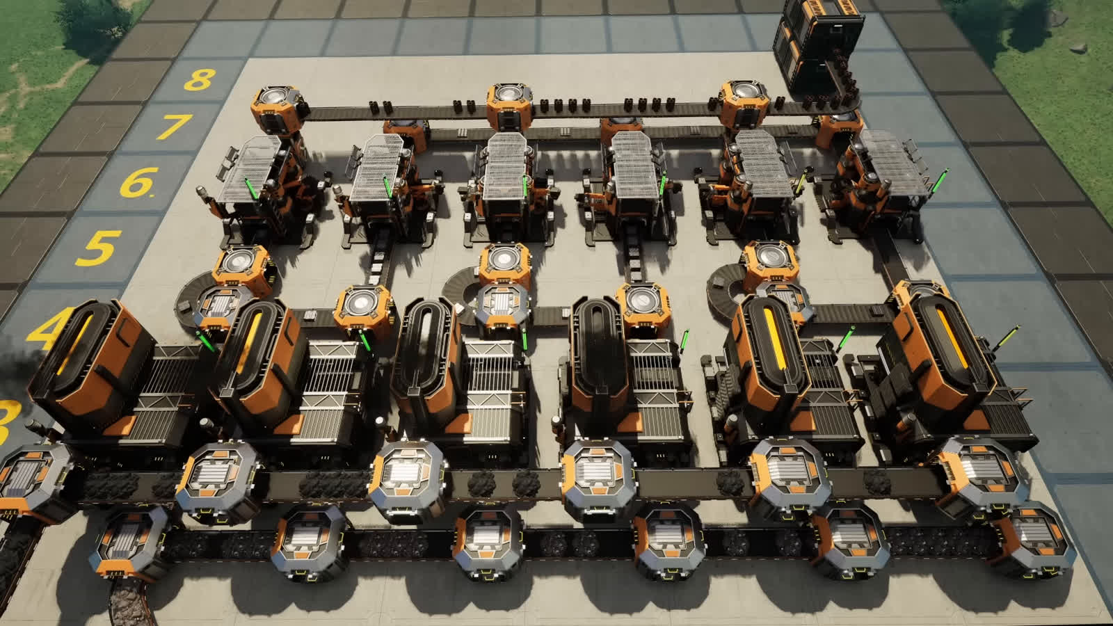 Satisfactory top-down view of a tripled six-Foundry six-Constructor steel production block laid out in a symmetric grid