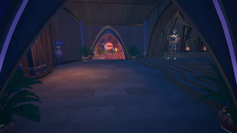 Dim temple corridor with a lone character standing at the far end near a red archway