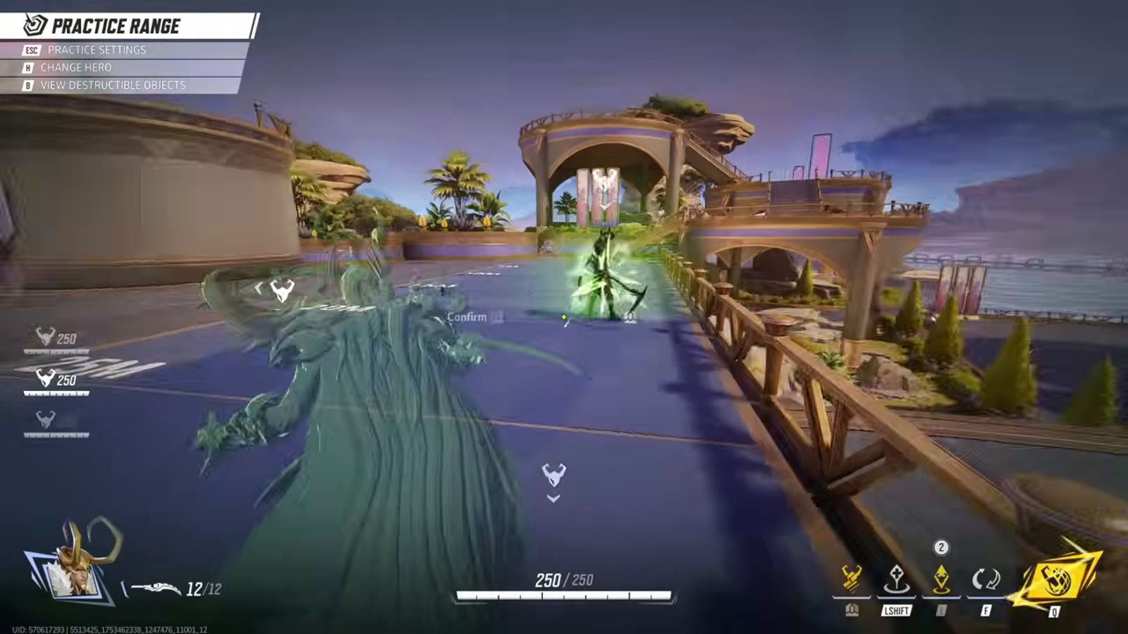 Loki turning invisible in the Practice Range, shown as a translucent silhouette next to two clones at full health