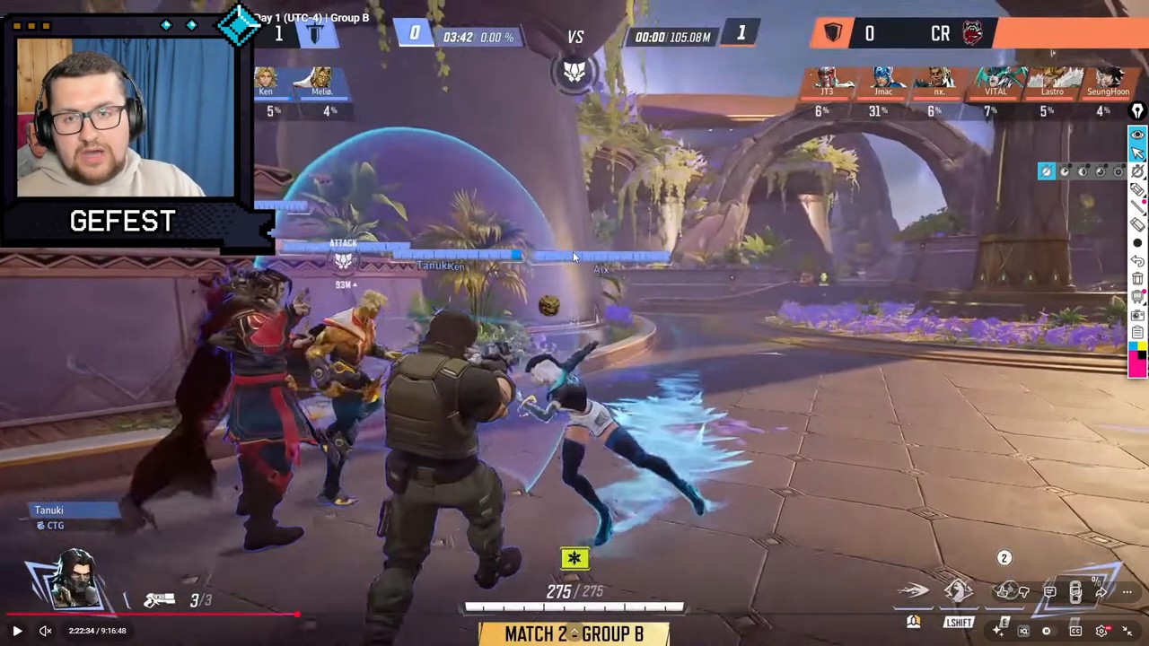 Team fight gameplay on a temple-style competitive map, showing a clustered group of heroes engaging near an open courtyard