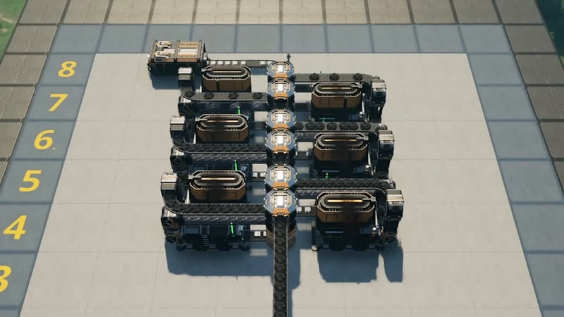 Satisfactory top-down view of six Foundries merging into a single central conveyor line producing 270 steel ingots per minute