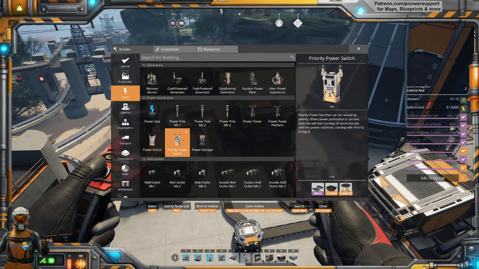 Satisfactory power building menu showing the Priority Power Switch selected with a tooltip explaining priority groups and automatic shutoff behavior