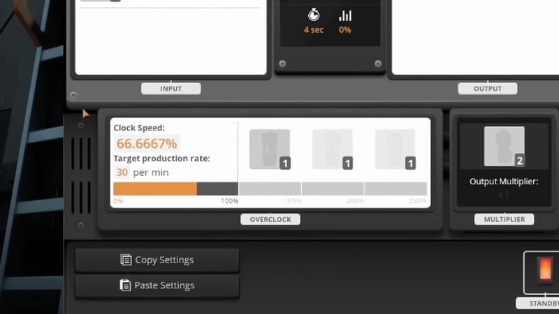 Satisfactory clock speed configuration screen showing 66.6667 percent clock speed and a target production rate of 30 per minute