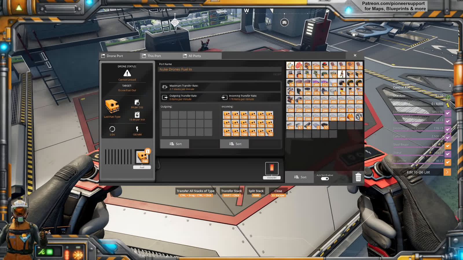 Satisfactory drone port menu named Nuke Drones Fuel In showing incoming item transfer rates with the completed reactor complex visible in the background