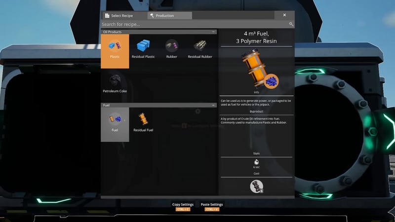 Satisfactory refinery recipe selection screen showing Plastic Residual Plastic Rubber Residual Rubber Fuel and Residual Fuel oil product recipes
