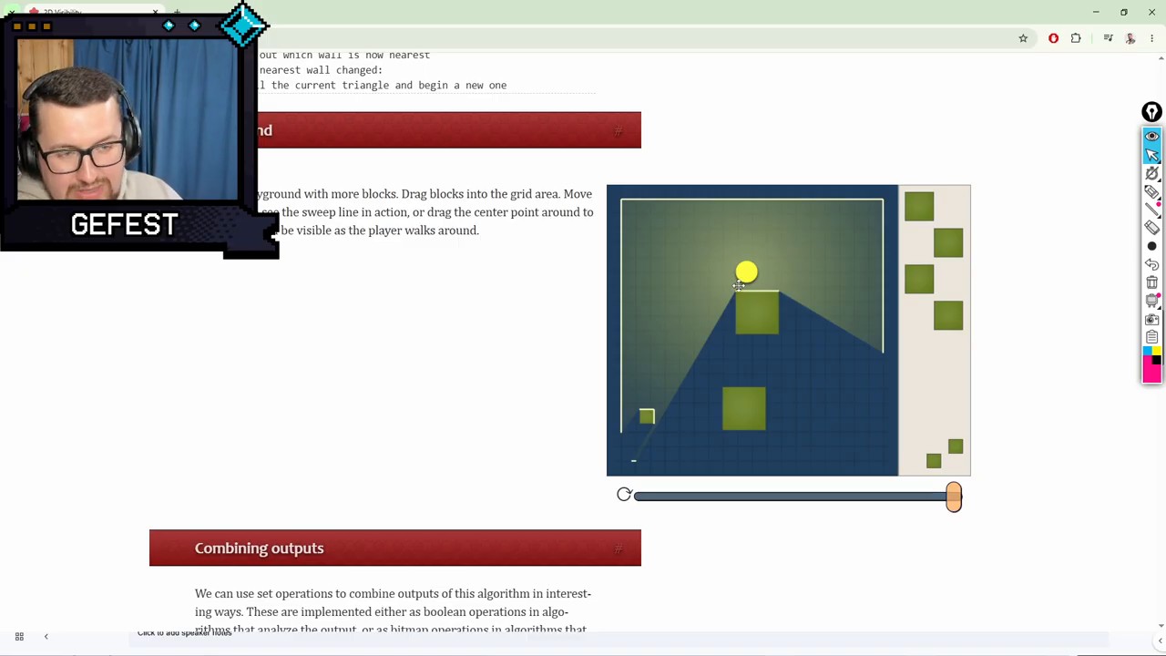 2D visibility diagram showing an elevated light source casting a wide unobstructed cone of sight over scattered cover objects