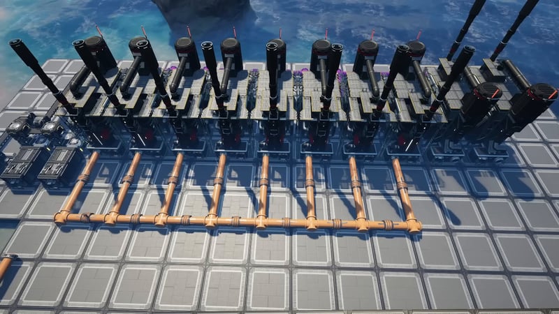 Satisfactory refinery array with color coded pipes feeding heavy oil residue between plastic rubber and fuel production lines