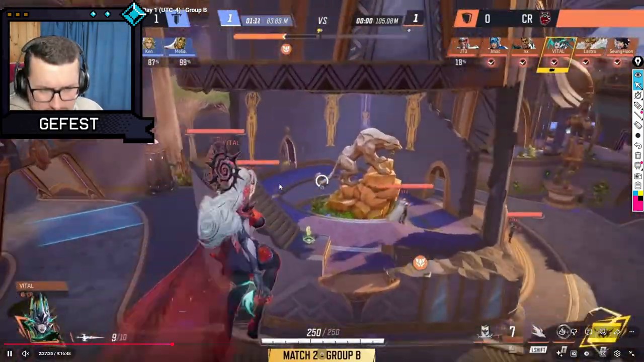 Team fight gameplay near a large statue, with one player's nameplate highlighted and their health bar critically low