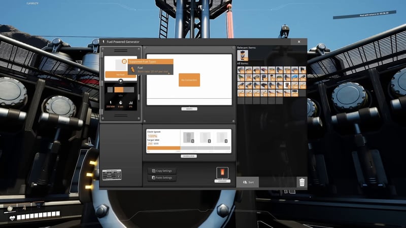 Satisfactory Fuel-Powered Generator interface confirming Fuel burn rate of 20 cubic meters per minute for 250 megawatts output