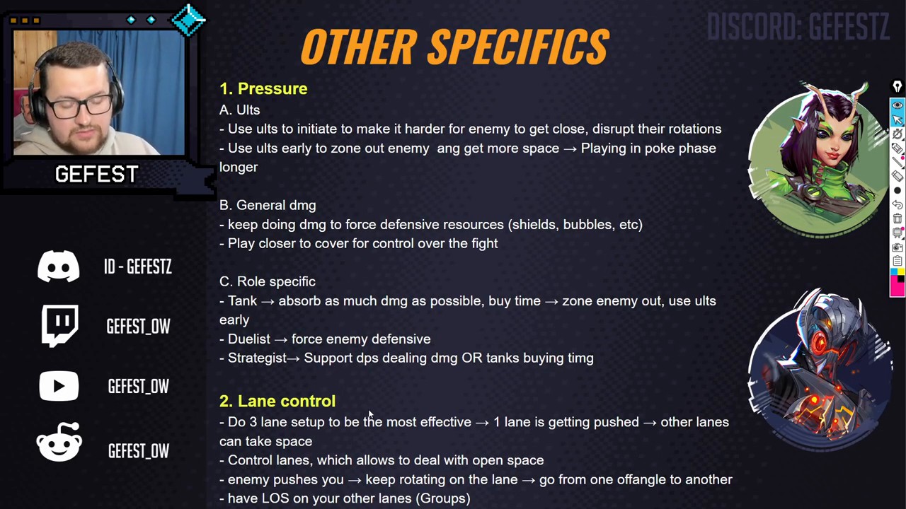 Slide titled Other Specifics covering pressure and ultimates, general damage, role-specific responsibilities for Tank, Duelist and Strategist, and lane control principles