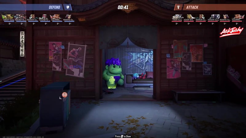 A health pack glowing next to a Hulk plushy toy inside a dimly lit apartment room just off the main path