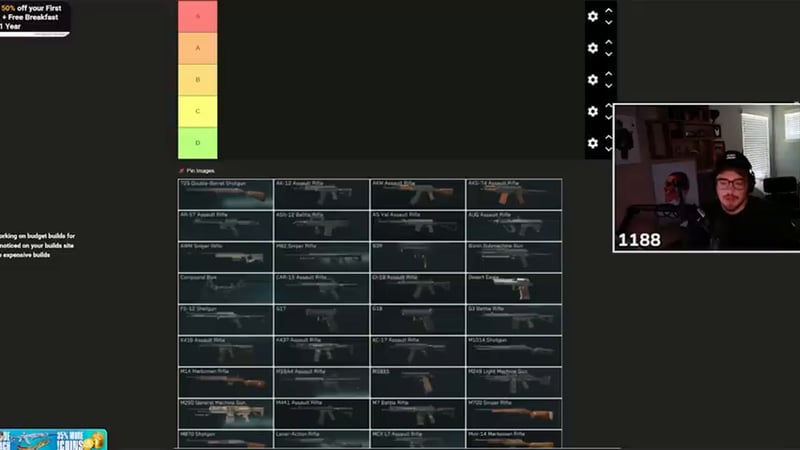 An empty Delta Force weapon tier list template with S through D rows and dozens of named gun portraits waiting below it